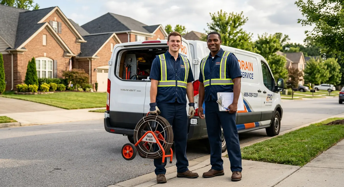 Sewer and drain service team with equipment ready for work in Temescal Valley