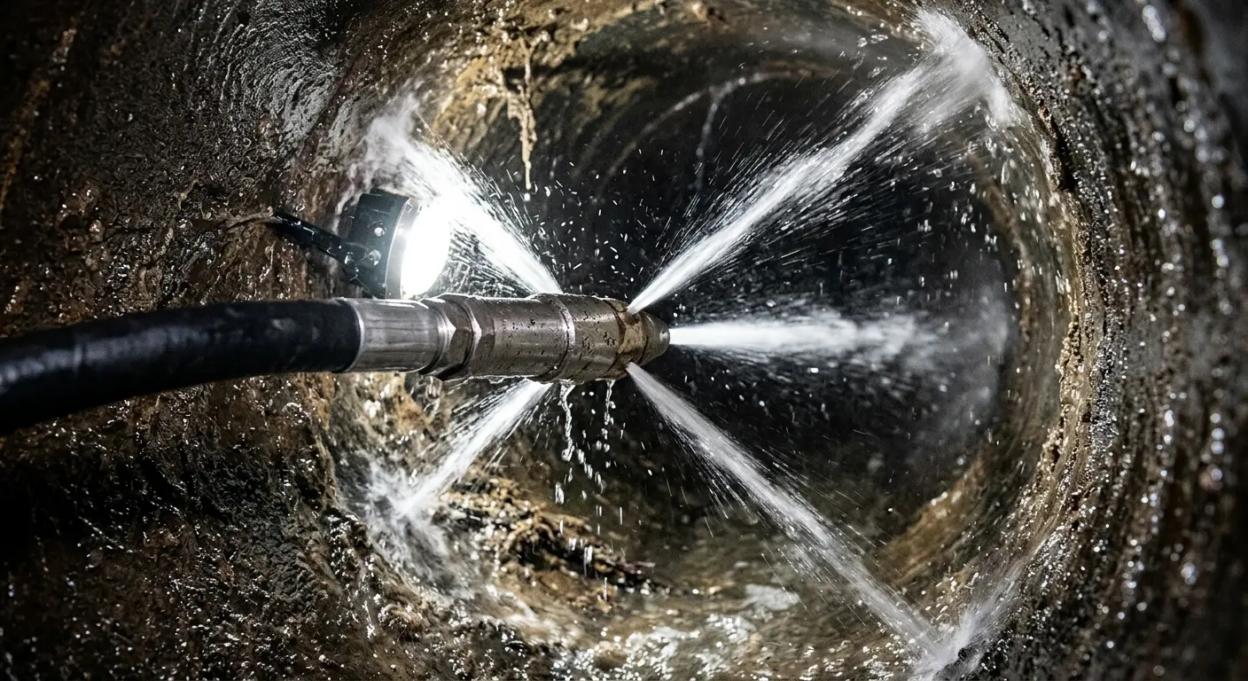High-pressure hydro jetting nozzle cleaning sewer pipe for Storm Drain Cleaning in Temescal Valley