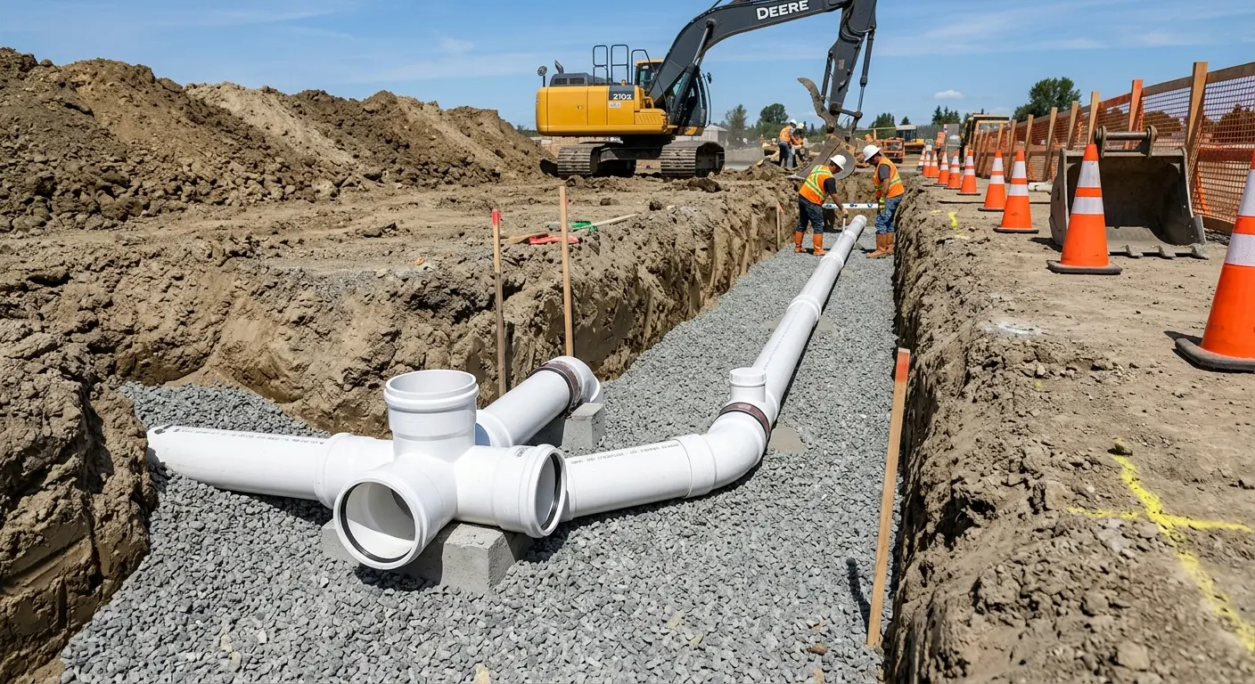 New PVC sewer pipe installation in open trench for Sewer Backup in Temescal Valley