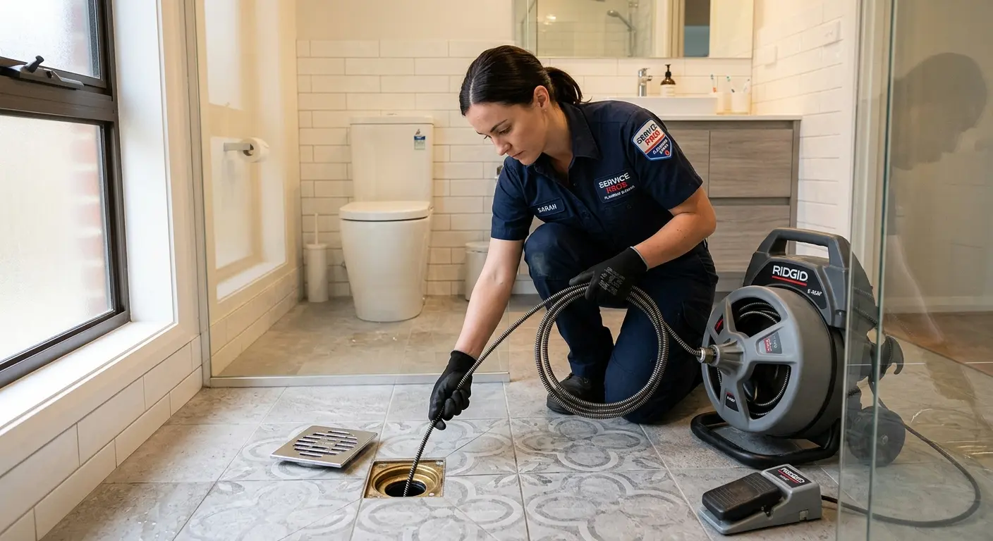Technician clearing a bathroom floor drain for Hydro Jetting in Temescal Valley